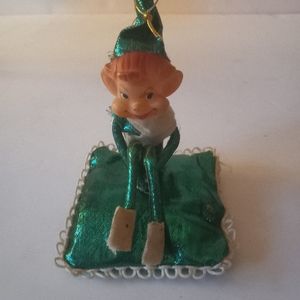 Vintage Christmas Tree Decoration Knee Hugger Elf Pixie Green on Pillow 5"